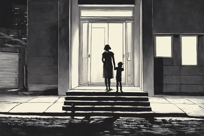 woman and child going into a building at night