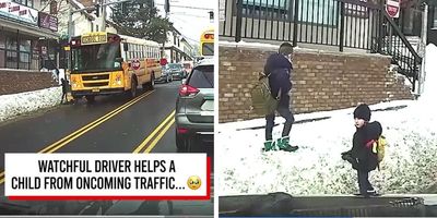 community; heartwarming stories; parenting; man stops traffic; bus leaves kid