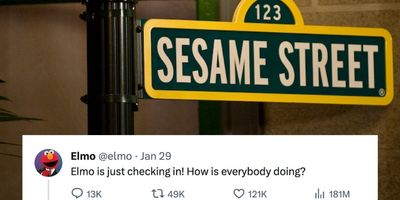 Sesame Street sign overlaid with screenshot of Elmo post on X 