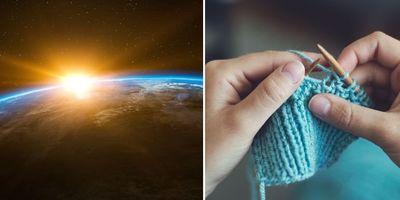 sun rising over earth, person knitting
