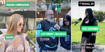screenshots of a teacher, software engineer, and dog groomer sharing how much they make