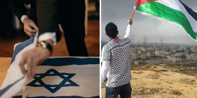man with an israeli flag and man with palestinian flag