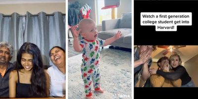 family laughing, baby dancing, family crying with joy