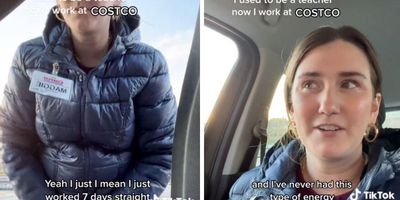 Teacher turned Costco employee talking to camera