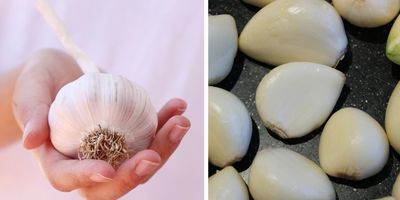 head of garlic side by side with peeled garlic