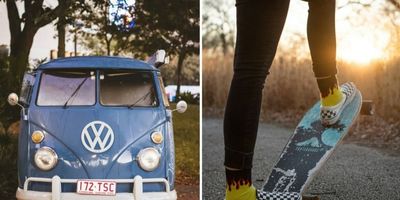 Volkswagon bus from the '70s, skater from the '90s wearing checkered Vans