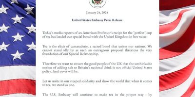 US Embassy press release with American flag in the background