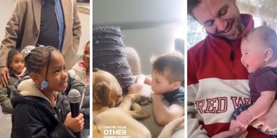 girl singing, boy with dog, dad with giggling baby