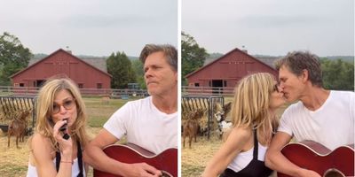 Kyra Sedgwick and Kevin Bacon singing on their farm