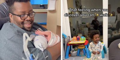 Dad holding preemie in NICU, smiling baby taking first steps
