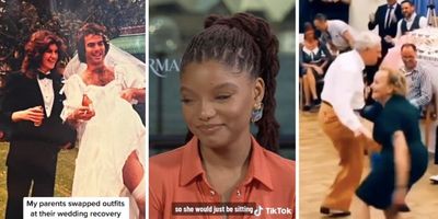 bride and groom swap outfits, halle bailey, elderly couple dancing