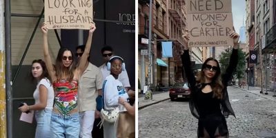 New York; woman holding sign; looking for husband sign; viral video; funny tiktok