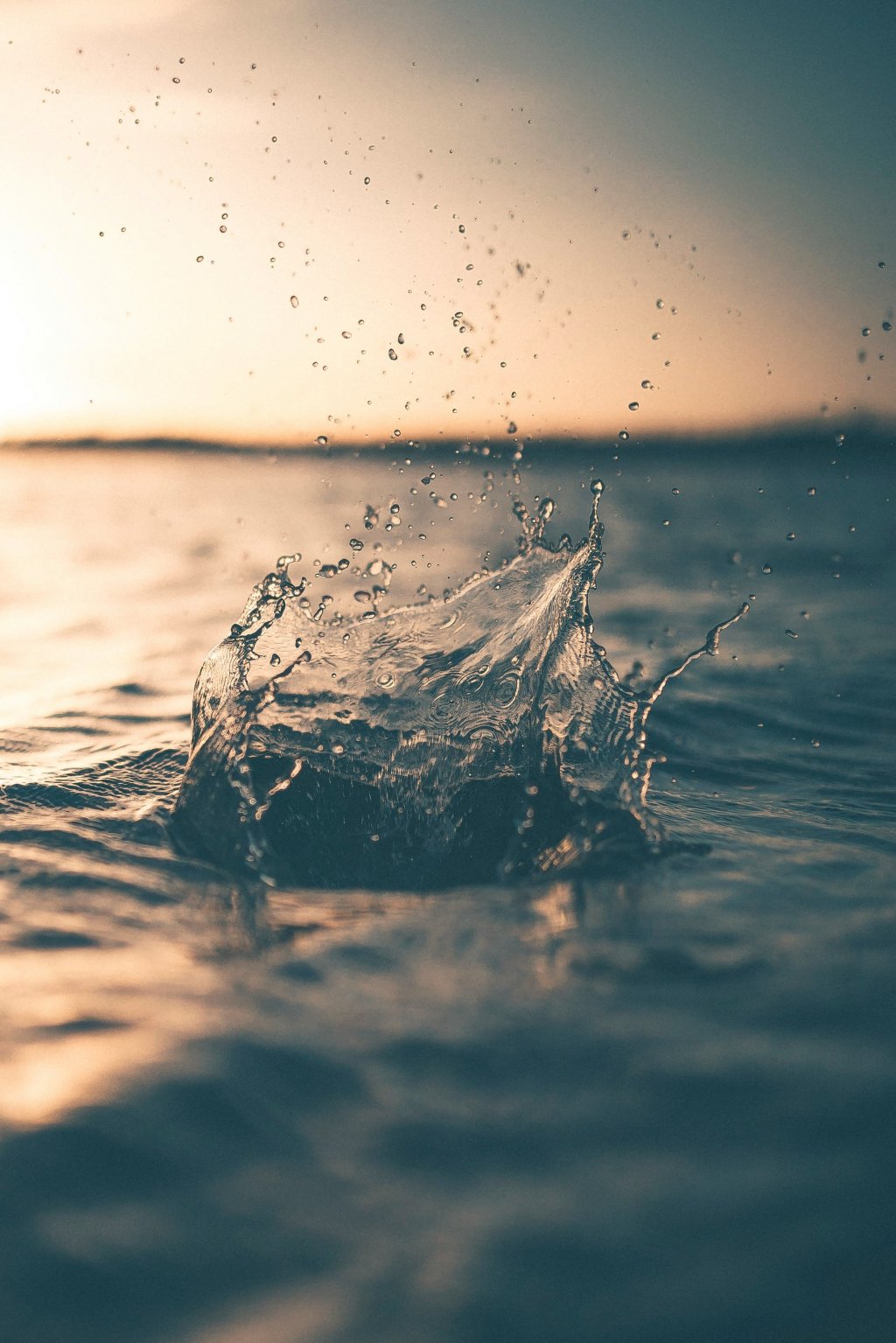 Water splash at sunset with droplets suspended in midair.