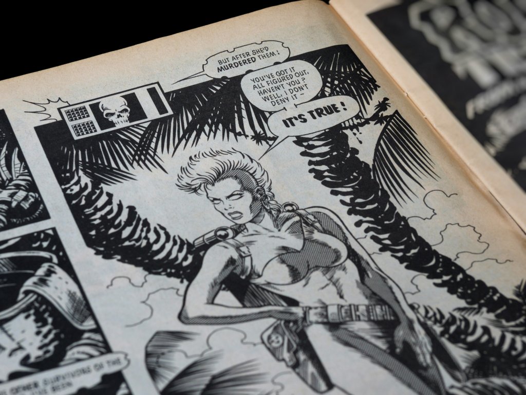 Black and white comic book page featuring a confident woman with speech bubbles.