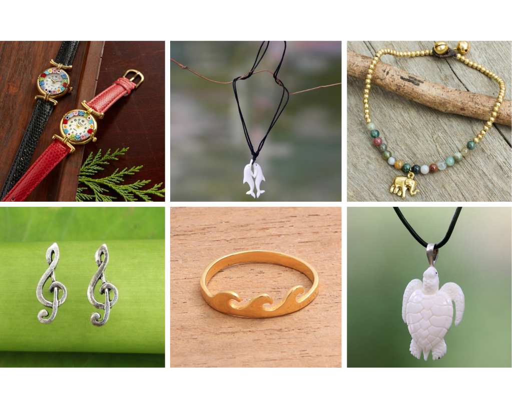 Assorted jewelry: watches, necklaces, bracelet, earrings, and ring, featuring playful designs.