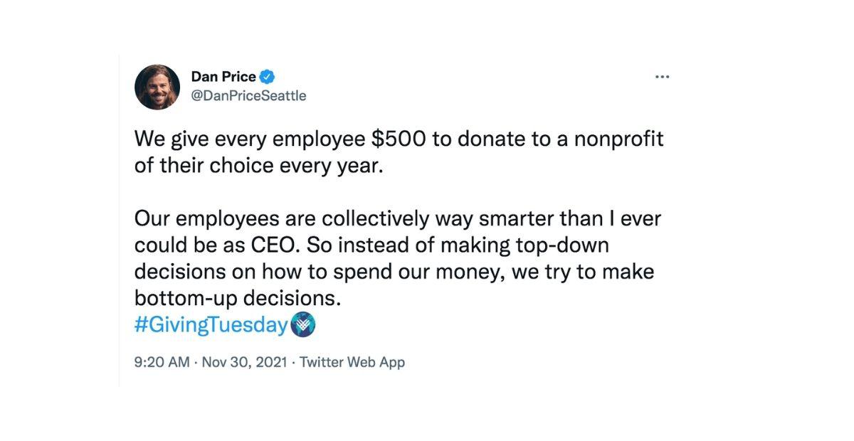 Dan Price, Giving Tuesday, Dan price twitter, gravity payments, ceo gives 70k