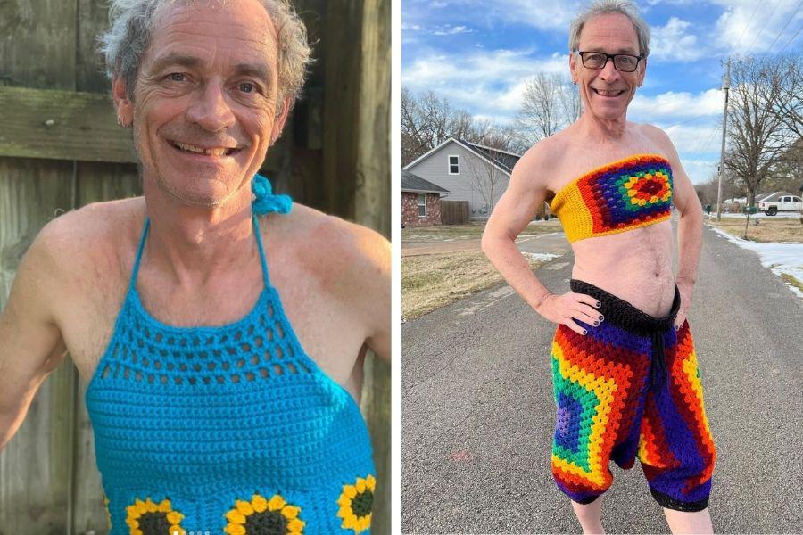 dad models crochet tops, emily beaver crochet