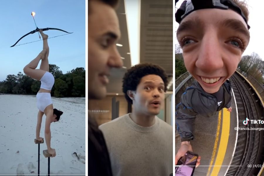 woman firing flaming arrow with feet, roger federer and trevor noah, smiling man