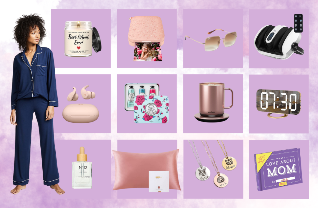 Gift ideas collage: pajamas, candles, jewelry, mug, clock, and more on a purple background.