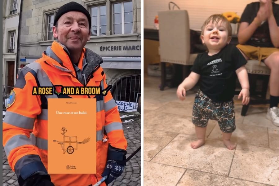 Street sweeper and dancing toddler