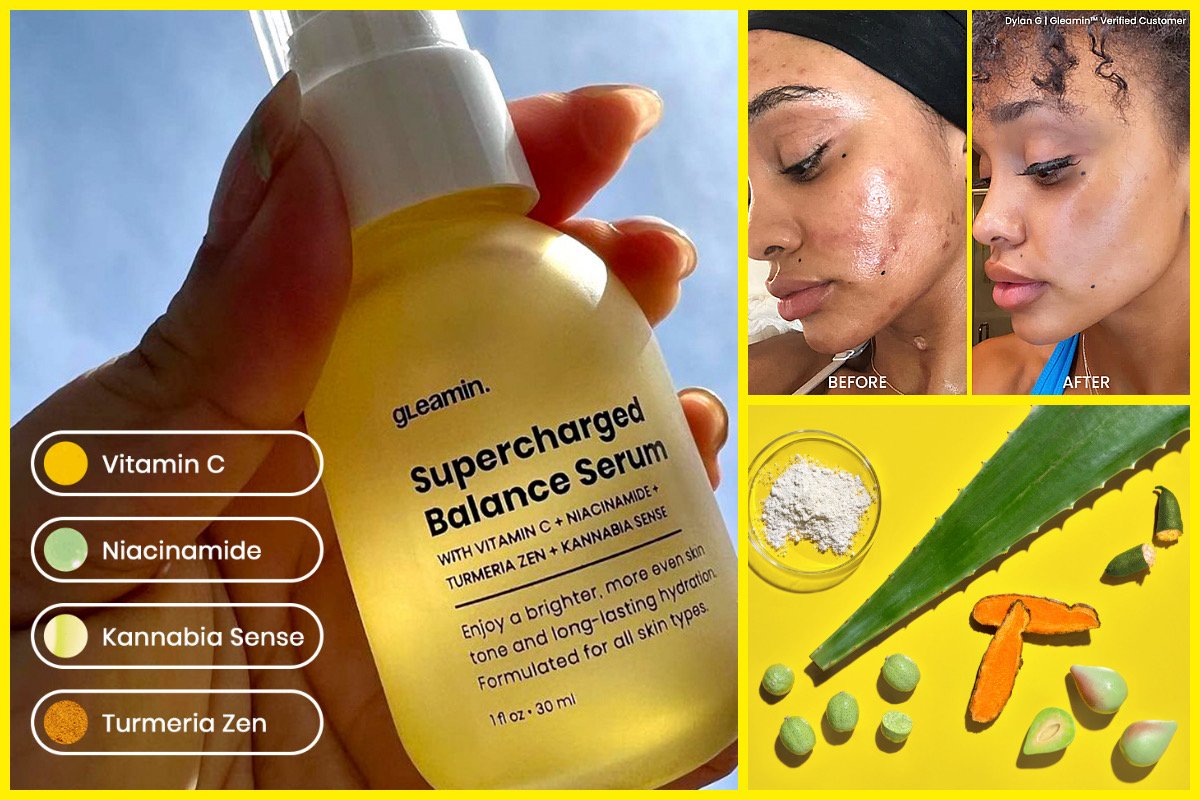 Hand holding Gleamin serum bottle with ingredients and before-after skin comparison.