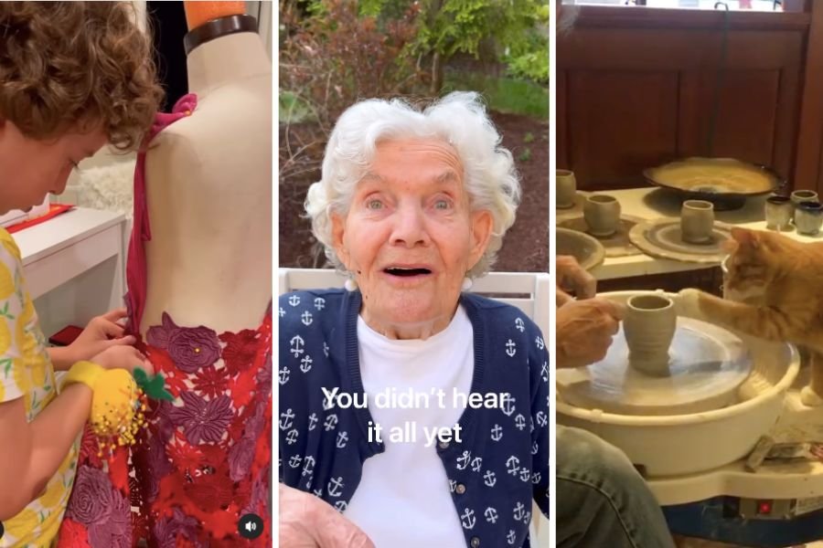 kid designing a dress, elderly woman sharing a story, cat at a pottery wheel