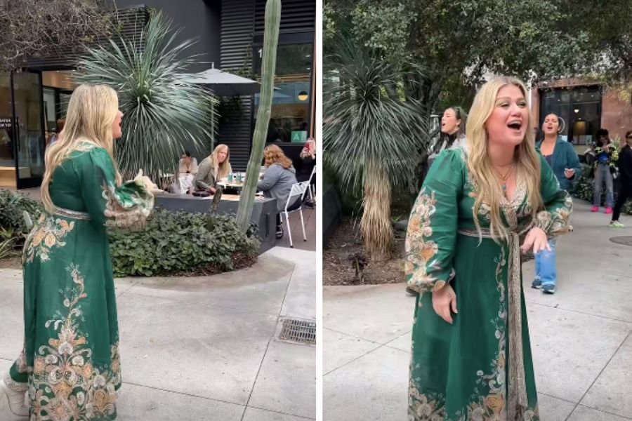 Kelly Clarkson in a long green flowered dress
