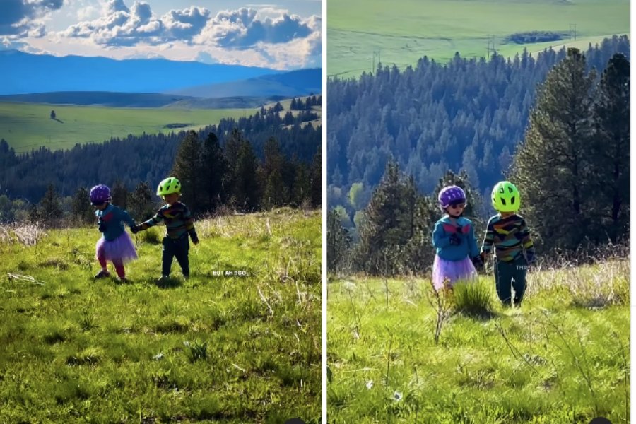 two preschoolers walking in the mountains holding hands