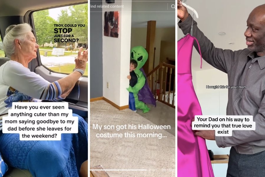 woman taking a photo from the car, kid in halloween costume, man holding up a dress he picked for his wife