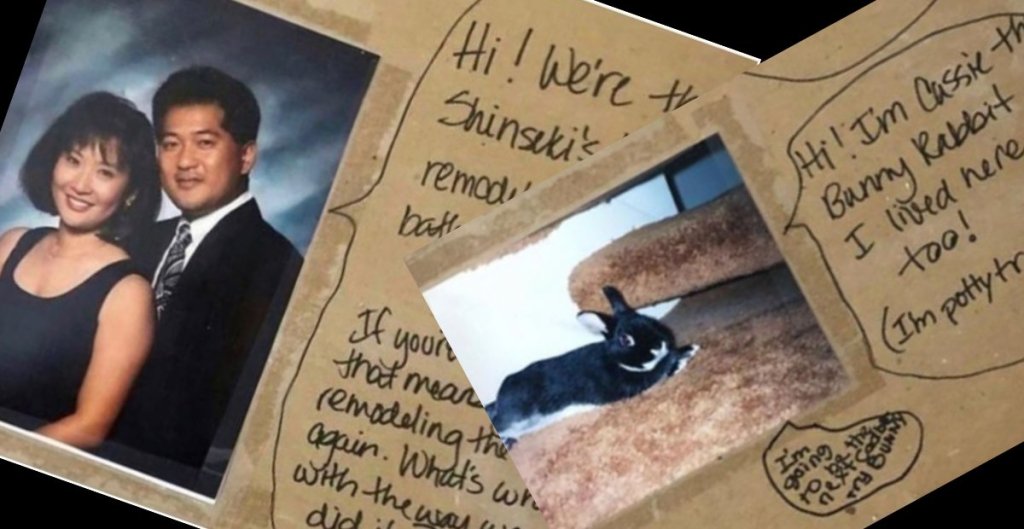 photo of a couple and their bunny with notes