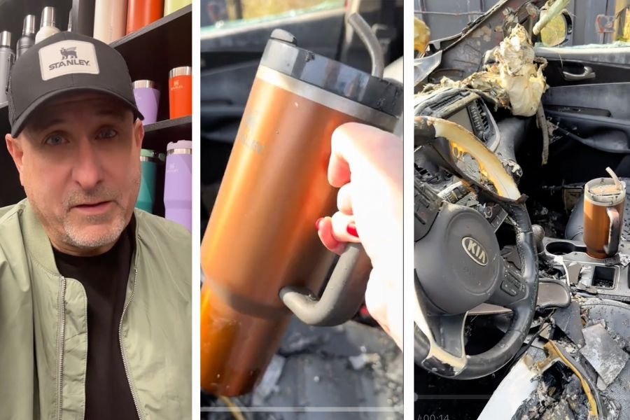 Stanley Cap Exploding Woman's Stanley cup survives car fire and she gets a new car - Upworthy
