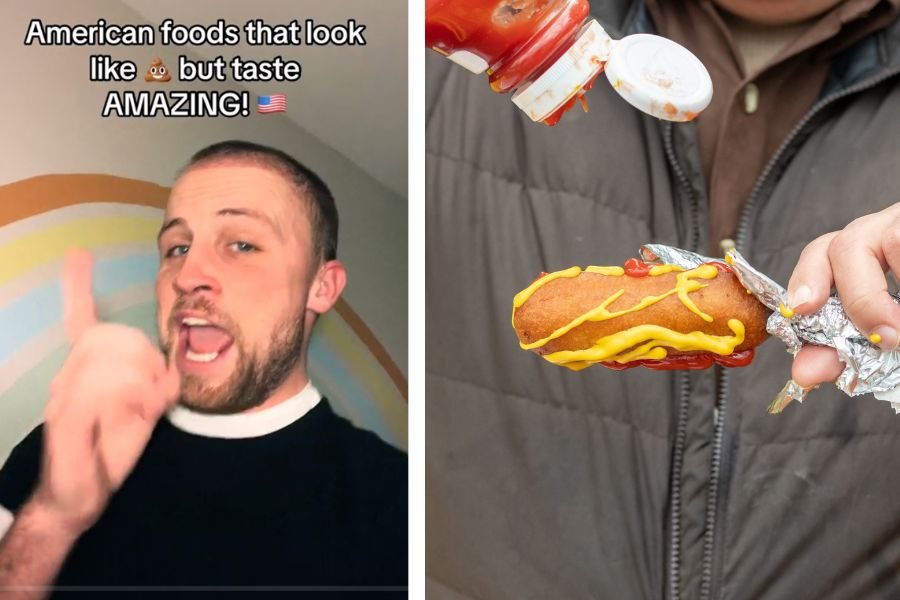 american foods, biscuits and gravy, brits trying american food, corndogs, gumbo