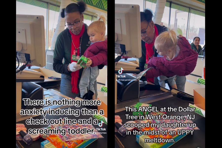 Dollar Store clerk holding a toddler