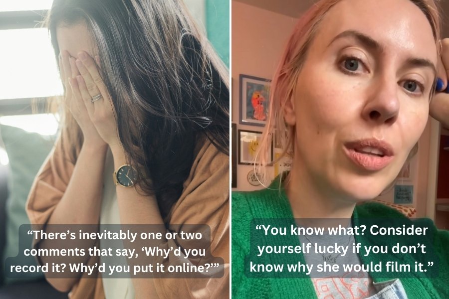 woman crying next to a woman talking to the camera