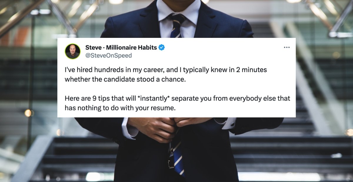 man in a suit in the background with a tweet screenshot in front of him