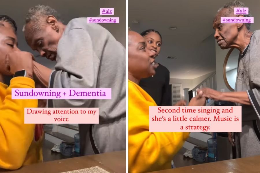 screenshots of a woman holding the hands of an older woman