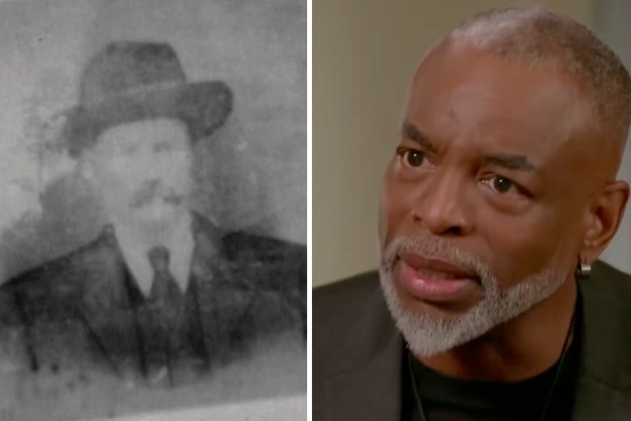 Black and white photo of LeVar Burton's great-great-grandfather and closeup of LeVar Burton's face