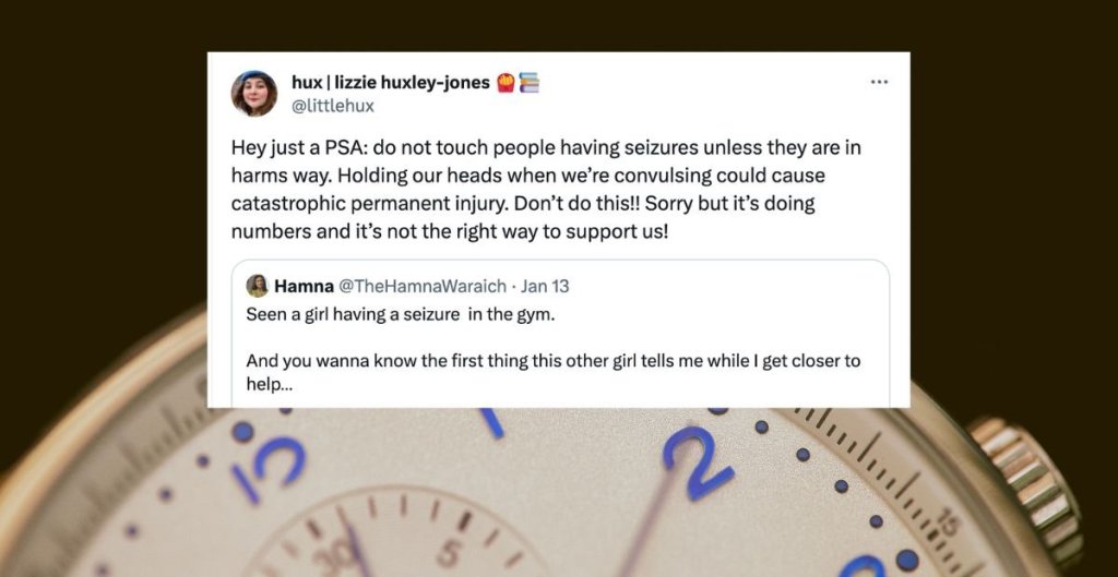 image of a stopwatch behind a screenshot of a tweet about what to do for someone having a seizure