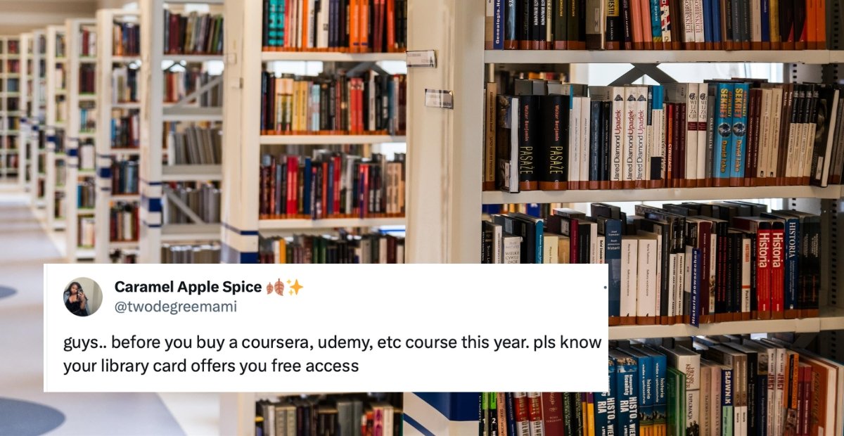 library filled with books, screenshot of tweet explaining you can get udemy and coursera courses free with a library card