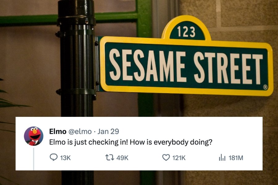 Sesame Street sign overlaid with screenshot of Elmo post on X