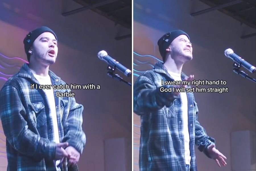 demetri manabat on stage performing a spoken word poem