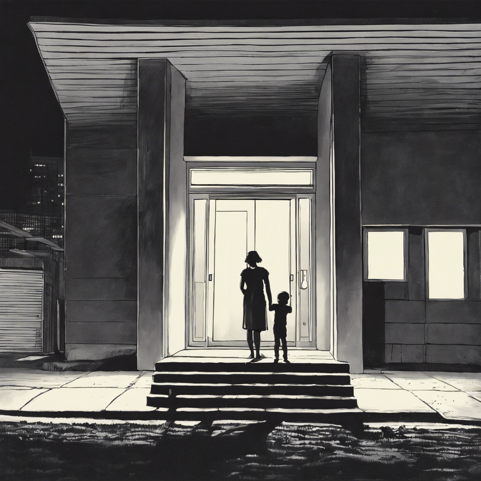 woman and child going into a building at night