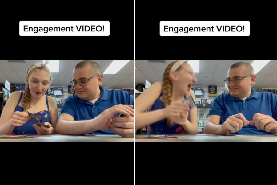 man and woman looking at pokemon cards together