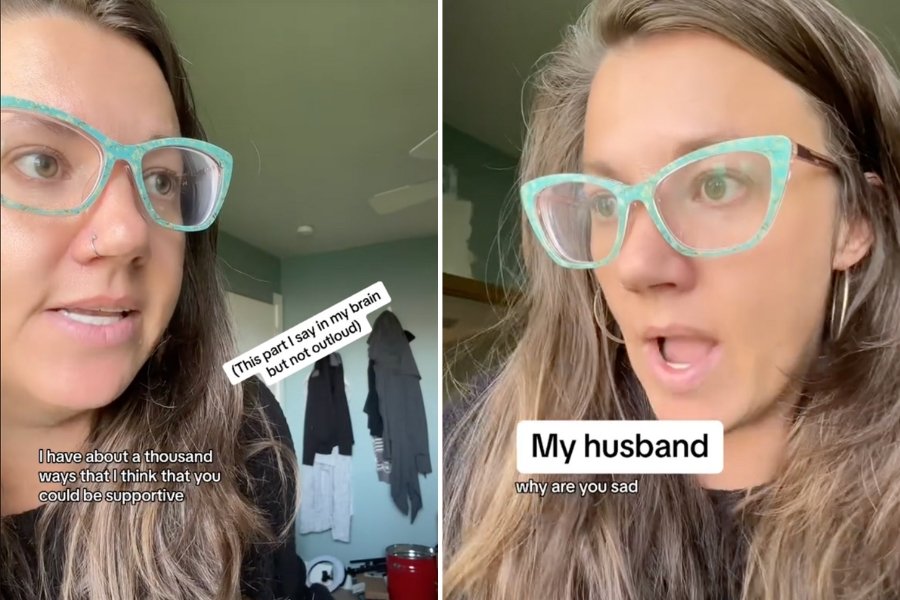 woman talking to camera in a faux conversation with her husband