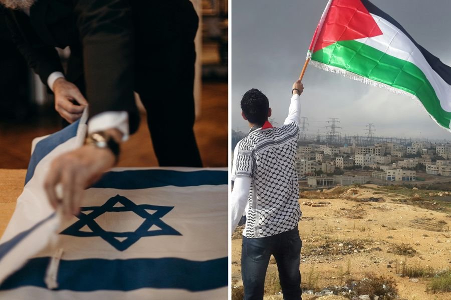 man with an israeli flag and man with palestinian flag