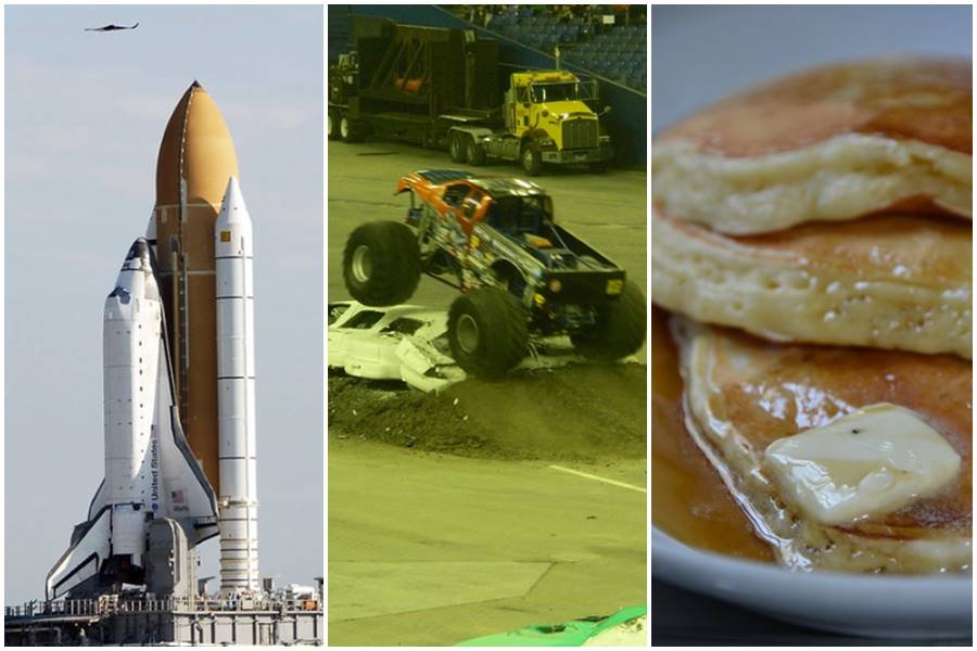 space shuttle, monster trucks, pancakes