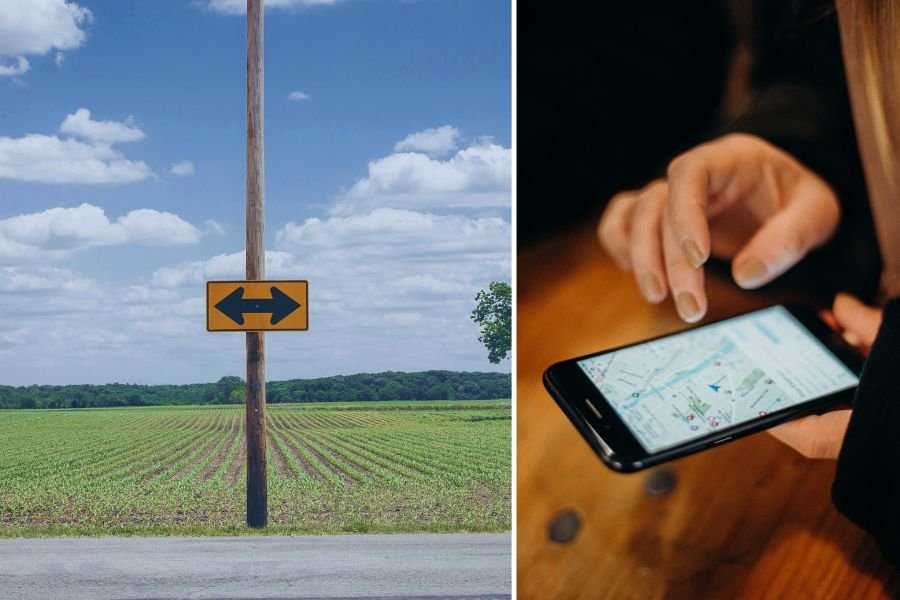 field with a double arrow sign, person using Google Maps