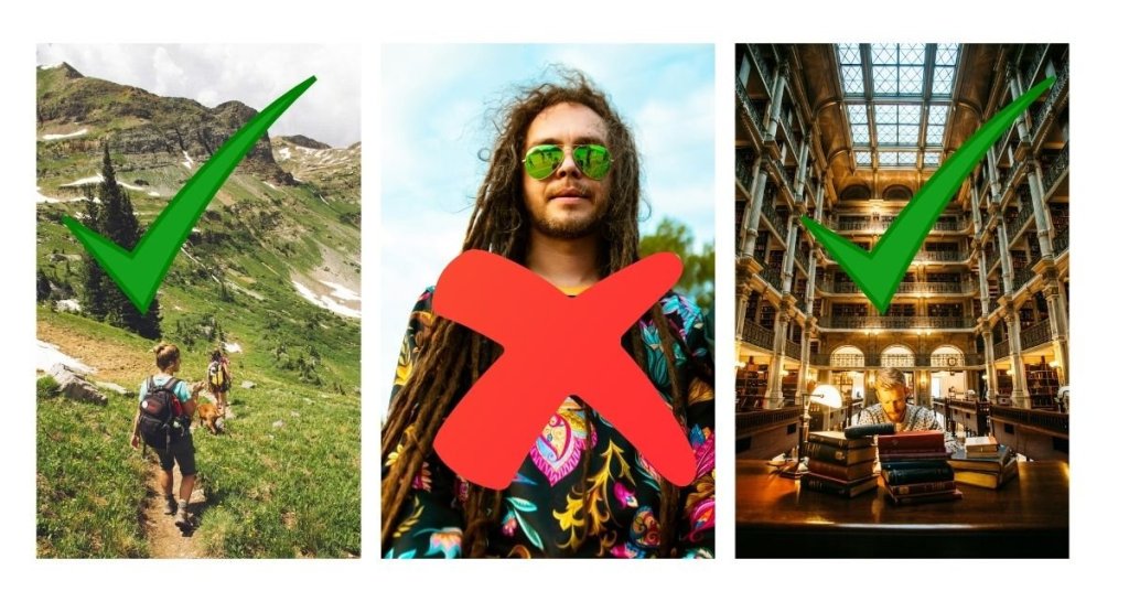 photo montage of people hiking, taking drugs and reading in a beautiful library