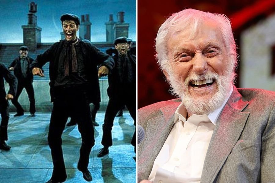 Dick Van Dyke in Mary Poppins chimney sweep dance scene next to him speaking on stage in 2024