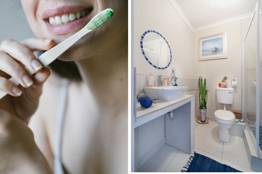 toothbrushes in bathroom; toothbrushes in shower; dental hygiene; toothbrush cleanliness; toothbrush habits